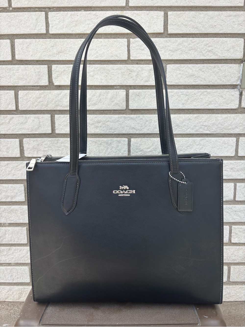 Coach Black Leather Structured Tote with Top Handles